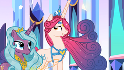 Size: 800x450 | Tagged: safe, artist:emeriss96, edit, edited screencap, idw, imported from derpibooru, screencap, princess amore, radiant hope, crystal pony, pony, unicorn, crown, jewelry, princess, princess radiant hope, regalia