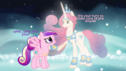 Size: 1024x576 | Tagged: safe, artist:emeriss96, edit, edited screencap, idw, imported from derpibooru, screencap, princess amore, princess cadance, pegasus, pony, unicorn, ascension realm, crown, cutie mark, duo, jewelry, looking at each other, pegasus cadance, princess celestia's special princess making dimension, regalia, teen princess cadance, young cadance, younger