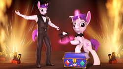 Size: 3840x2160 | Tagged: safe, artist:seriff-pilcrow, imported from derpibooru, oc, oc only, oc:lapush buns, anthro, bird, dove, hybrid, pony, unicorn, 3d, anthro ponidox, bowtie, bunny ears, bunnycorn, chest, clothes, hat, magic, magician, pyrotechnics, sfm pony, source filmmaker, stage, top hat, vest, wand