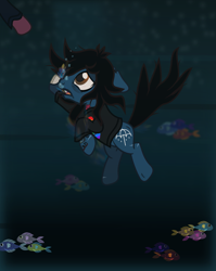 Size: 1739x2189 | Tagged: safe, artist:lightningbolt, derpibooru exclusive, imported from derpibooru, part of a set, earth pony, fish, pony, undead, zombie, zombie pony, .svg available, blood, bone, bring me the horizon, bubble, clothes, fangs, glasgow smile, long sleeves, male, offscreen character, oliver sykes, open mouth, ponified, rainbow blood, reaching, scar, shirt, solo focus, stallion, stitches, svg, tattoo, underwater, vector