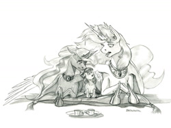 Size: 1400x1046 | Tagged: safe, artist:baron engel, imported from derpibooru, apple bloom, princess celestia, princess luna, alicorn, earth pony, female, filly, mare, monochrome, pencil drawing, royal sisters, siblings, sisters, story included, traditional art