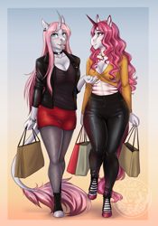 Size: 2300x3281 | Tagged: safe, artist:askbubblelee, imported from derpibooru, oc, oc only, oc:impala lily, oc:rosie quartz, anthro, hybrid, unguligrade anthro, unicorn, zony, adorasexy, anthro oc, beautiful, beautisexy, belly button, big breasts, blaze (coat marking), blue eyes, blushing, bracelet, breasts, choker, cleavage, clothes, colored hooves, curved horn, curvy, cute, digital art, ear piercing, eyelashes, female, fishnet clothing, fishnet pantyhose, fishnets, gradient background, gray coat, half-siblings, heart choker, hoof shoes, hooves, horn, jacket, jewelry, leather jacket, leather pants, legs, leonine tail, lips, mare, midriff, miniskirt, necklace, ocbetes, pants, piercing, pink hair, sexy, shopping, shopping bags, short shirt, siblings, sisters, skirt, smiling, socks, socks (coat marking), star (coat marking), stockings, stripes, talking, thigh highs, thighs, tight clothing, unicorn oc, wide hips, yellow eyes