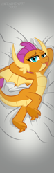 Size: 1969x6299 | Tagged: safe, artist:metalhead97, imported from derpibooru, smolder, dragon, bedroom eyes, body pillow, body pillow design, clothes, commission, cute, dakimakura cover, embarrassed body exposure, lidded eyes, looking at you, show accurate, smolderbetes, socks, solo, stretching