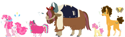 Size: 4000x1184 | Tagged: safe, artist:0tinybitobsessive0, imported from derpibooru, cheese sandwich, li'l cheese, pinkie pie, oc, oc:grunnie, oc:twinkle pie, earth pony, hybrid, original species, pony, yakony, the last problem, baseball cap, cap, cheesepie, clothes, colt, female, filly, half-siblings, hat, interspecies offspring, jacket, male, mare, offspring, parent:cheese sandwich, parent:pinkie pie, parent:prince rutherford, parents:cheesepie, parents:pinkieford, shipping, simple background, stallion, straight, transparent background, unshorn fetlocks
