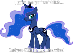 Size: 1045x765 | Tagged: safe, artist:dashiesparkle, edit, imported from derpibooru, princess luna, alicorn, pony, caption, image macro, imminent tickles, implied tickling, looking at you, meme, simple background, smiling, smirk, solo, text, this will end in tickles, tickling, transparent background