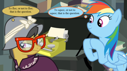 Size: 1280x720 | Tagged: safe, edit, edited screencap, imported from derpibooru, screencap, daring do, rainbow dash, daring don't, book, clothes, daring do is not amused, dress, escii keyboard, glasses, hamlet, hat, paper, pun, shakespeare, thought bubble, typewriter, unamused, william shakespeare