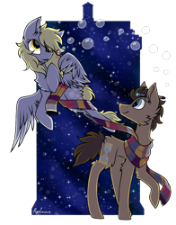 Size: 1100x1400 | Tagged: safe, artist:pegacousinceles, imported from derpibooru, derpy hooves, doctor whooves, time turner, earth pony, pegasus, pony, bubble, bubble blower, clothes, derp, doctor who, duo, female, flying, fourth doctor's scarf, male, mare, scarf, signature, simple background, smiling, sonic screwdriver, stallion, striped scarf, tardis, the doctor, transparent background