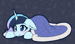 Size: 1728x1020 | Tagged: safe, artist:puetsua, imported from derpibooru, oc, oc only, oc:stardust stellar, pony, unicorn, blanket, blushing, c:, cute, daaaaaaaaaaaw, ear fluff, female, floppy ears, lying down, mare, smiling, solo