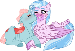 Size: 1024x702 | Tagged: safe, artist:artistcoolpony, imported from derpibooru, ocellus, silverstream, cheek kiss, eyes closed, female, kiss on the cheek, kissing, lesbian, ocellustream, one eye closed, shipping, simple background, transparent background