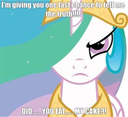 Size: 474x435 | Tagged: safe, imported from derpibooru, princess celestia, angry, caption, celestia is not amused, close-up, frown, image macro, impending doom, looking at you, meme, text, unamused