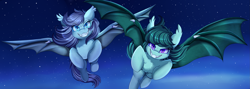 Size: 4017x1429 | Tagged: safe, artist:pridark, imported from derpibooru, oc, oc only, oc:aster bloom, oc:nightlight charm, bat pony, pony, bat pony oc, bat wings, blue eyes, chest fluff, cloud, commission, duo, flying, night, night sky, purple eyes, sharp teeth, sky, stars, teeth, wings