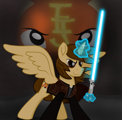 Size: 6301x6190 | Tagged: safe, artist:ejlightning007arts, imported from derpibooru, oc, oc only, oc:ej, alicorn, pony, absurd resolution, alicorn oc, blue, clothes, crossover, energy weapon, glowing horn, horn, lightsaber, magic, male, shirt, smiling, smirk, solo, solo male, spread wings, stallion, star wars, telekinesis, vest, wavy mane, weapon, wings