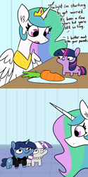 Size: 1728x3456 | Tagged: safe, artist:tjpones, imported from derpibooru, night light, princess celestia, twilight sparkle, twilight velvet, alicorn, pony, unicorn, bite mark, bowtie, carrot, clothes, comic, dialogue, female, filly, food, herbivore, male, mare, smol, squatpony, stallion, suit, this explains everything, twiggie, unicorn twilight