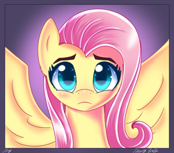 Size: 2500x2200 | Tagged: safe, artist:melanyschaffer, artist:opal_radiance, imported from derpibooru, fluttershy, pegasus, pony, beautiful, bust, cute, high res, looking at you, portrait, sad, sadorable, shyabetes, solo, spread wings, wings