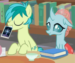 Size: 665x558 | Tagged: safe, imported from derpibooru, screencap, ocellus, sandbar, tree of harmony, changedling, changeling, earth pony, pony, what lies beneath, animated, book, bookshelf, cropped, cute, diaocelles, female, gif, male, mouth hold, sandabetes, teenager