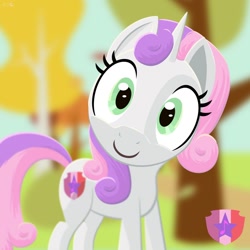 Size: 1280x1280 | Tagged: safe, artist:rdt727, imported from derpibooru, sweetie belle, pony, unicorn, adoracreepy, autumn, close-up, creepy, cute, cutie mark, diasweetes, extreme close up, extreme close-up, female, looking at you, mare, older, older sweetie belle, smiling, smiling at you, solo, uncanny valley