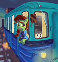 Size: 1500x1606 | Tagged: safe, artist:drafthoof, imported from derpibooru, oc, oc only, oc:oil drop, earth pony, pony, clothes, food, looking away, metro, open mouth, solo, sparks, subway, train, uniform