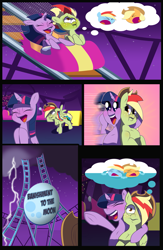 Size: 1045x1600 | Tagged: safe, artist:toongrowner, imported from derpibooru, applejack, rainbow dash, twilight sparkle, oc, oc:zap-apple jam, alicorn, earth pony, pegasus, pony, comic:to fix a feud by fusion, alicorn princess, amusement park, argument, background, comic, commissioner:bigonionbean, confused, cowboy hat, crying, crying inside, cutie mark, dizzy, energetic, excited, female, freckles, fusion, fusion:rainbow dash, fusion:zap-apple jam, hat, hug, lightning, magic, mare, panicking, ride, roller coaster, shocked, sick, stetson, thought bubble, twilight sparkle (alicorn), writer:bigonionbean