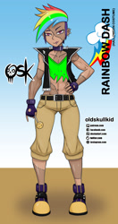 Size: 984x1860 | Tagged: safe, alternate version, artist:oldskullkid, imported from derpibooru, part of a set, rainbow dash, human, clothes, costume, frankenstein's monster, halloween, halloween costume, hand on hip, holiday, human coloration, humanized, solo