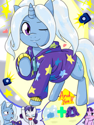 Size: 1668x2224 | Tagged: safe, artist:batipin, imported from derpibooru, rarity, starlight glimmer, trixie, pony, unicorn, alternate hairstyle, babysitter trixie, blushing, camera, clothes, eyes closed, female, floating heart, gameloft interpretation, heart, hoodie, hoof on chin, imagination, mare, one eye closed, pigtails, raised hoof, speech bubble, sweat, sweatdrop, twintails, underhoof, wink
