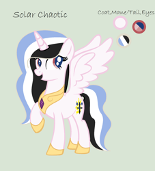 Size: 1536x1692 | Tagged: safe, artist:lominicinfinity, imported from derpibooru, oc, oc only, oc:solar chaotic, alicorn, hybrid, pony, female, interspecies offspring, mare, offspring, parent:discord, parent:princess celestia, parents:dislestia, simple background, solo