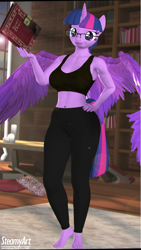 Size: 2160x3840 | Tagged: safe, artist:phenioxflame, artist:steamyart, imported from derpibooru, twilight sparkle, alicorn, anthro, plantigrade anthro, 3d, book, bookshelf, clothes, feet, glasses, hand on hip, holding, large wings, library, pants, sfm pony, solo, source filmmaker, sports bra, stupid sexy twilight, twilight sparkle (alicorn), wings, yoga pants