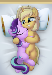 Size: 600x865 | Tagged: safe, artist:jhayarr23, imported from derpibooru, starlight glimmer, oc, oc:sunlight bolt, pony, unicorn, belly fluff, canon x oc, chest fluff, commission, cuddling, cute, daaaaaaaaaaaw, female, fluffy, glimmbolt, leg fluff, male, not applejack, shipping, straight