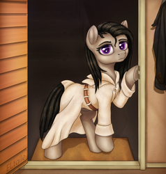 Size: 4000x4200 | Tagged: safe, artist:eltaile, imported from derpibooru, octavia melody, earth pony, pony, absurd resolution, belt, clothes, coat, door, female, indoors, jacket, looking at you, raincoat, solo, wet, wet mane