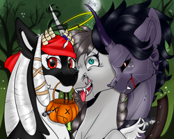 Size: 6890x5512 | Tagged: safe, artist:creed larsen, imported from derpibooru, oc, oc:kuroran, original species, pony, unicorn, vampire, angel, angry, artist creed larsen, clothes, costume, cute, fangs, forest, halloween, halloween costume, holiday, madorable, moon, pirate, pumpkin bucket