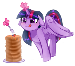 Size: 2881x2519 | Tagged: safe, artist:vetta, imported from derpibooru, twilight sparkle, alicorn, pony, berry, blushing, cute, daaaaaaaaaaaw, eyes on the prize, female, floppy ears, food, fork, glowing, glowing horn, herbivore, high res, horn, hungry, i'm pancake, levitation, licking, licking lips, magic, magic aura, mare, pancakes, simple background, smiling, solo, spread wings, syrup, telekinesis, that pony sure does love pancakes, tongue out, twiabetes, twilight sparkle (alicorn), white background, wing fluff, wings