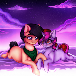 Size: 4000x4000 | Tagged: safe, artist:vetta, imported from derpibooru, oc, oc only, oc:judge, oc:kosh, oc:vetta, earth pony, pony, unicorn, clothes, cloud, couple, female, male, mare, shipping, stallion