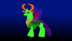 Size: 4320x2432 | Tagged: safe, artist:the double u, imported from derpibooru, thorax, changedling, changeling, gradient background, horns, king, king thorax, male, neon, solo, sparkles, spread wings, the six knights of the night, transparent wings, wings