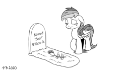 Size: 1200x675 | Tagged: safe, artist:pony-berserker, imported from derpibooru, rainbow dash, pegasus, pony, crying, eyes closed, flower, grave, gravestone, halftone, in memoriam, monochrome, offset, pony-berserker's twitter sketches, sad, solo, stippling