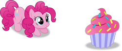 Size: 6775x2842 | Tagged: safe, artist:anime-equestria, imported from derpibooru, pinkie pie, earth pony, pony, cake, crouching, cupcake, cute, diapinkes, female, food, happy, mare, simple background, smiling, solo, sprinkles, transparent background, vector