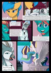 Size: 1600x2291 | Tagged: safe, artist:tillie-tmb, imported from derpibooru, princess celestia, oc, oc:cirrus sky, oc:doctor epsilon saltz, oc:moonlight sigil, oc:nurse merry rhymes, alicorn, hippogriff, pegasus, pony, unicorn, comic:the amulet of shades, canterlot castle, comic, determined look, skeptical