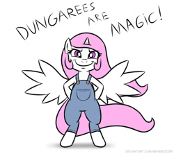 Size: 581x517 | Tagged: safe, artist:banebuster, imported from derpibooru, princess celestia, alicorn, pony, semi-anthro, series:tiny tia, clothes, cute, cutelestia, dungarees, evil grin, evil smirk, female, grin, looking at you, overalls, pink-mane celestia, simple background, smiling, smuglestia, solo, solo female, white background