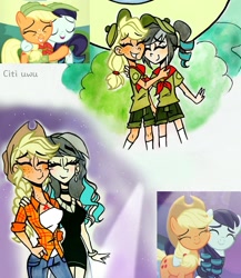 Size: 1747x2015 | Tagged: safe, artist:citi, imported from derpibooru, screencap, applejack, coloratura, earth pony, human, pony, the mane attraction, breasts, busty applejack, cutie mark accessory, duo, duo female, eyes closed, female, filly, filly applejack, filly coloratura, freckles, hug, humanized, scene interpretation, screencap reference, younger