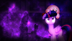 Size: 1920x1080 | Tagged: safe, artist:m24designs, artist:mamandil, imported from derpibooru, twilight sparkle, alicorn, pony, crossover, galaxy, hug, kirby, kirby (character), kirby (series), looking up, night, pillars of creation, puffball, space, twilight sparkle (alicorn), wallpaper