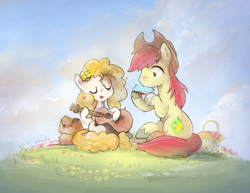 Size: 1530x1180 | Tagged: safe, artist:fuyugi, artist:nendo, imported from derpibooru, bright mac, pear butter, earth pony, pony, the perfect pear, acoustic guitar, basket, blanket, brightabetes, brightbutter, cloud, cowboy hat, cute, daaaaaaaaaaaw, eyes closed, female, flower, flower in hair, grass, guitar, harmonica, hat, male, mare, musical instrument, open mouth, pearabetes, picnic, picnic basket, picnic blanket, shipping, singing, sitting, stallion, straight, sweet dreams fuel