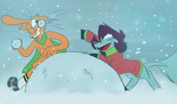 Size: 1024x607 | Tagged: safe, artist:mimidoggy, imported from derpibooru, oc, earth pony, pony, crossover, friendshipping, snow, snowball, snowball fight, snowball fun, wander (wander over yonder), wander over yonder, winter