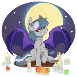 Size: 2200x2200 | Tagged: safe, artist:liquorice_sweet, imported from derpibooru, oc, oc only, oc:summer memory, bat pony, pony, apple, candle, chest fluff, food, halloween, holiday, mango, moon, night, simple background, solo, stars, transparent background