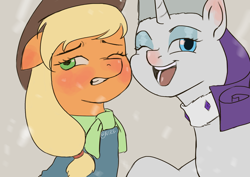 Size: 2480x1754 | Tagged: safe, artist:nire, imported from derpibooru, applejack, rarity, pony, unicorn, adorable face, blushing, blushing ears, bundled up for winter, cheek to cheek, cheeks touching, clothes, cute, duo, duo female, ear blush, embarrassed, female, lesbian, looking away, rarijack, red nosed, scarf, shipping, smiling, snow, winter clothes, winter hat, winter outfit