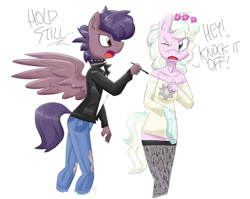 Size: 3900x3100 | Tagged: safe, artist:flutterthrash, imported from derpibooru, oc, oc:blindside, oc:loveshy, anthro, earth pony, pegasus, choker, clothes, collar, eyeliner, femboy, floral head wreath, flower, jacket, jeans, leather jacket, leggings, loose fitting clothes, makeup, male, pants, pastel goth, punk, ripped jeans, ripped pants, socks, spiked choker, spiked collar, stockings, thigh highs, torn clothes