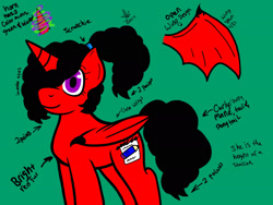 Size: 2048x1536 | Tagged: safe, artist:artmama113, imported from derpibooru, oc, oc only, oc:yaoilover, alicorn, bat pony, bat pony alicorn, pony, bat pony oc, bat wings, female, glowing horn, green background, hair over one eye, horn, mare, ponytail, reference sheet, signature, simple background, smiling, solo, wings