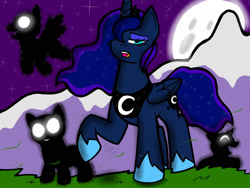 Size: 2048x1536 | Tagged: safe, artist:artmama113, imported from derpibooru, princess luna, alicorn, pony, shadow pony, ethereal mane, female, flying, full moon, glowing eyes, hair over one eye, hoof shoes, mare, moon, night, open mouth, peytral, raised hoof, signature, starry mane, stars