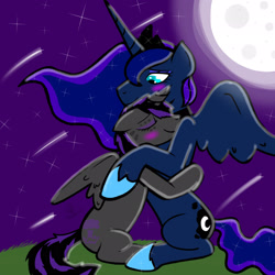 Size: 2048x2048 | Tagged: safe, artist:artmama113, imported from derpibooru, princess luna, oc, alicorn, pony, alicorn oc, blushing, canon x oc, ethereal mane, female, full moon, hoof shoes, horn, hug, jewelry, male, mare, moon, night, signature, stallion, starry mane, stars, straight, tiara, wings