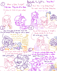 Size: 4779x6013 | Tagged: safe, artist:adorkabletwilightandfriends, imported from derpibooru, lily, lily valley, moondancer, spike, starlight glimmer, twilight sparkle, oc, oc:pinenut, alicorn, cat, dragon, earth pony, pony, unicorn, comic:adorkable twilight and friends, adorkable, adorkable twilight, angry, ass up, bag, comic, competition, cute, dating, dork, family, flu, friendship, hug, humor, lying down, medicine, mucus, pinebetes, remedy, rivalry, romance, sad, saddle bag, sick, silly, sitting, slice of life, snot, sorry, stomach ache, tension, twilight sparkle (alicorn)