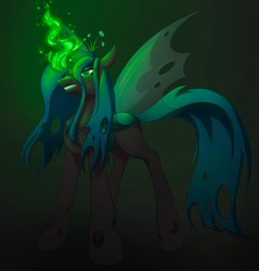 Size: 1080x1128 | Tagged: safe, alternate version, artist:moona_lou, imported from derpibooru, queen chrysalis, changeling, changeling queen, colored, female, glowing horn, gradient background, horn, smiling, solo