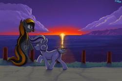 Size: 1280x853 | Tagged: safe, artist:quicksilver1987, artist:suigin migasuto, imported from derpibooru, oc, oc:knick knack, oc:whiskey lullaby, earth pony, pony, coast, commission, duo, evening, kniskey, ocean, sunset, vacation
