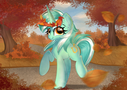 Size: 4092x2893 | Tagged: safe, artist:janelearts, imported from derpibooru, lyra heartstrings, pony, unicorn, autumn, cute, female, leaves, leaves in hair, looking at you, lyrabetes, mare, raised hoof, raised leg, scenery, smiling, smiling at you, solo, tree